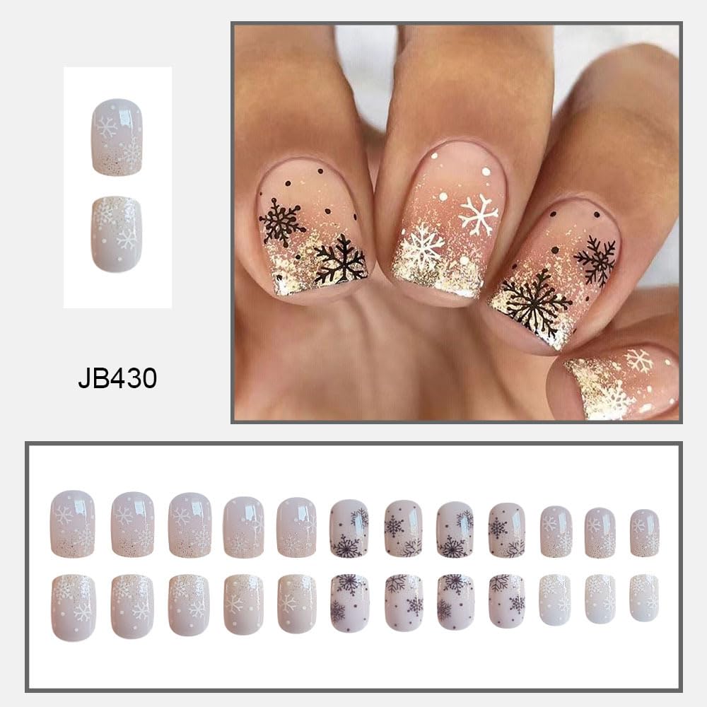Christmas Short Press on Nails Matte Square Fake Nails with Gold Glitter Designs Black Snowflake False Nails Christmas Snowflake Artificial Acrylic Nails Christmas Stick on Nail for Women Girls 24Pcs
