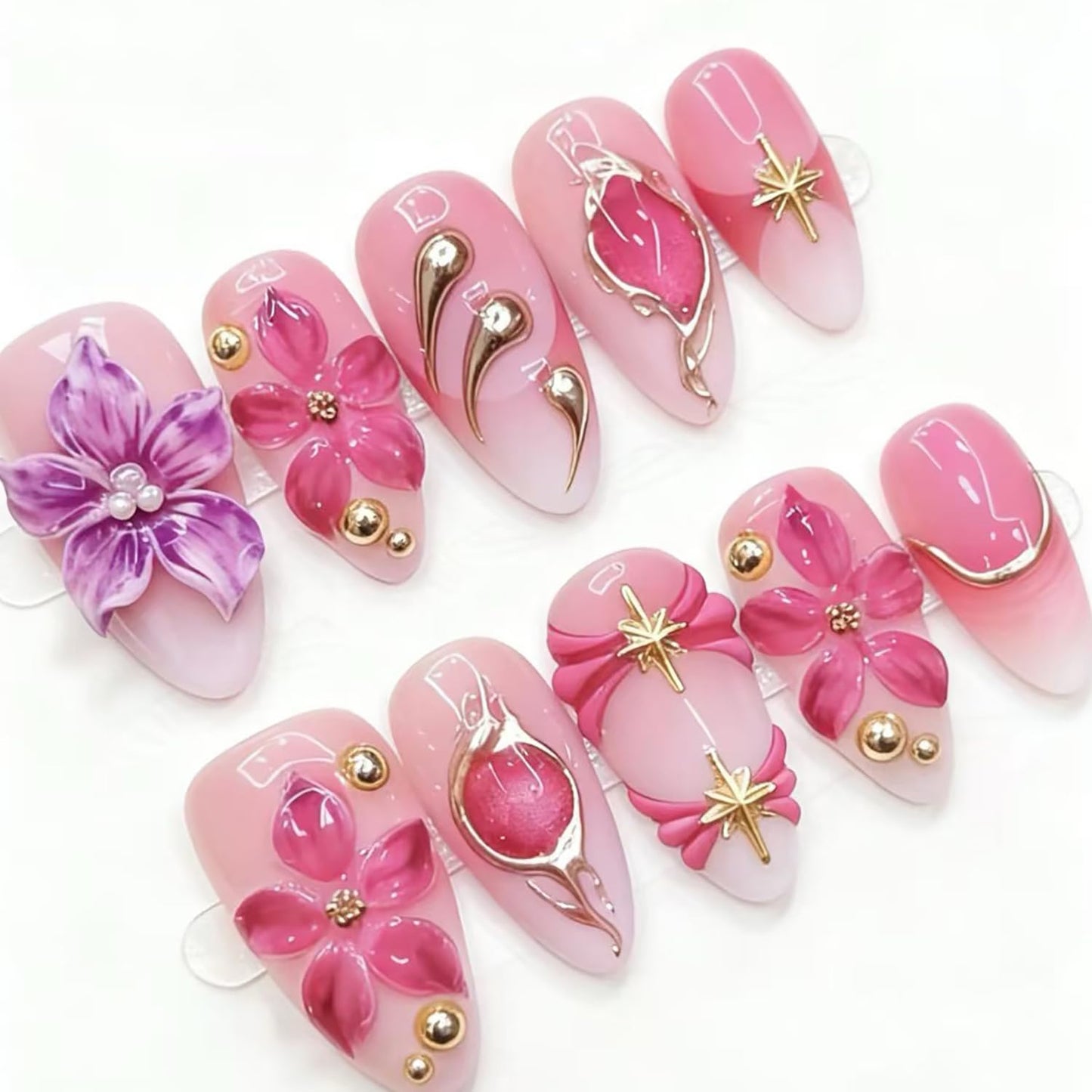 24Pcs Flower Press on Nails Medium Almond Fake Nails with Gold Beads Star Designs Full Cover Pink Acrylic Nails 3D Floral False Nail Set Pink Purple Floral Stick on Nails for Women Nail Supplies