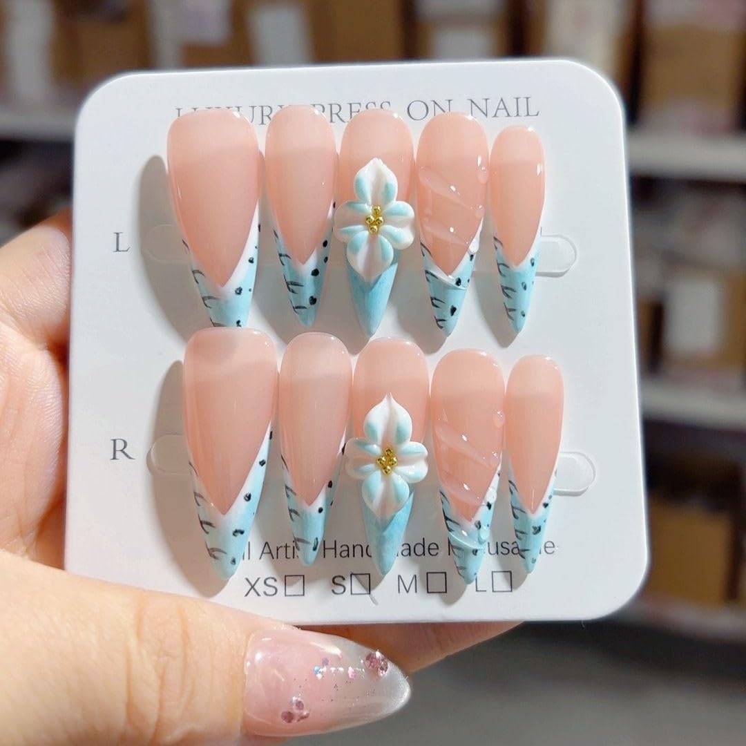 Haozerart Handmade Long Stiletto Press On Nails with Glue Kit, Blue French 3D Floral Fake Nails, Reusable Salon Nails for Women, 10Pcs M Size