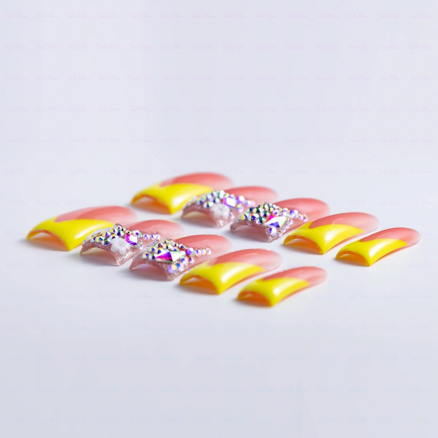 IntoVibes 10 Pieces Luxury Acrylic Press On Nails Long Handmade Duck Nails, Yellow Thickened False French Nails, With Bling Rhinestones & Y2K Princess Vibes, Reusable Acrylic Nails (M)
