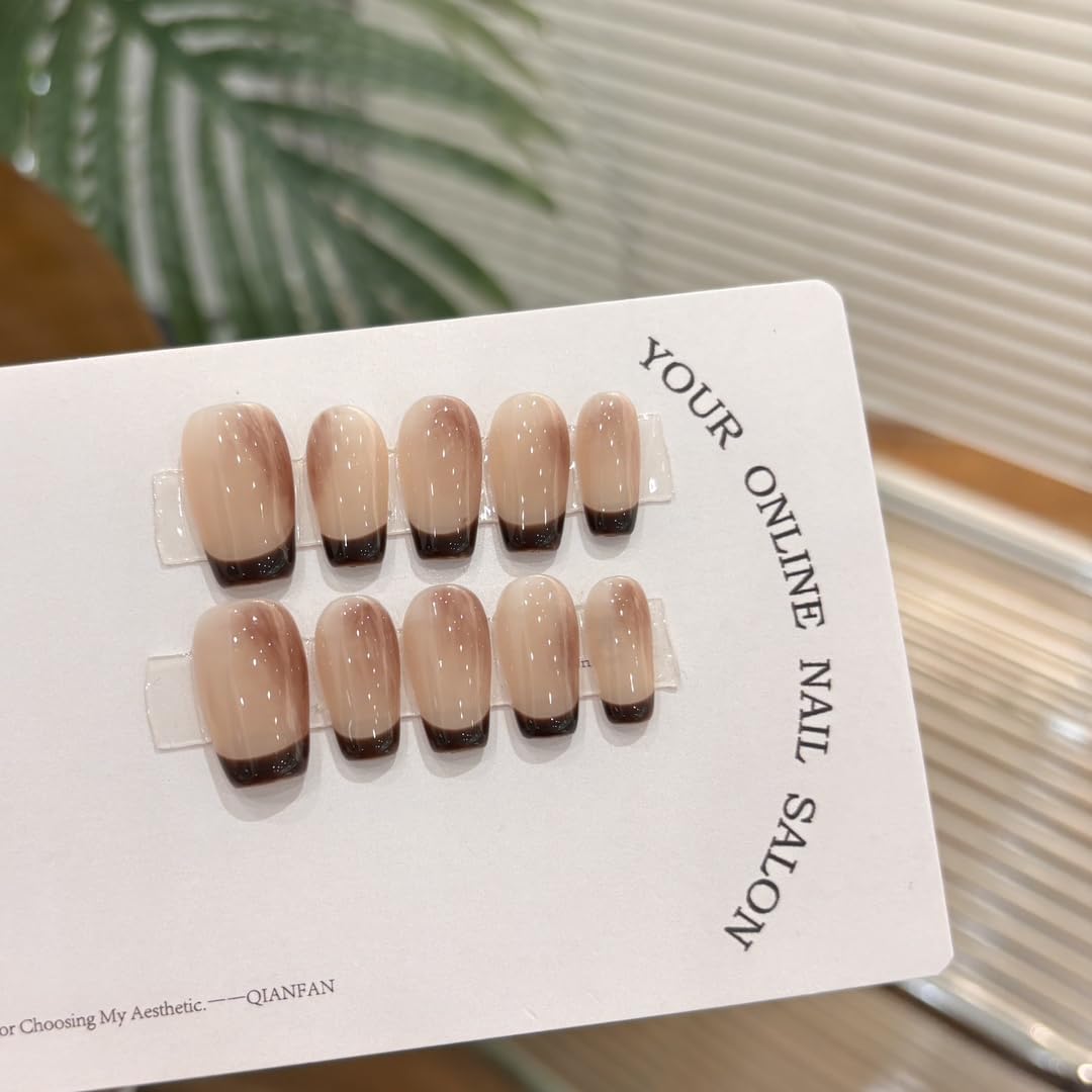 Mocha Gradient French Tip Press On Nails, Medium Almond Shape, Reusable Manicure Set，Gradient Nude Fake Nails for Office Wear (L)