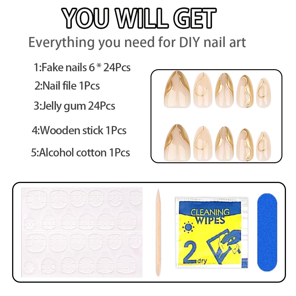 Hrnsnails Nails Press on, Short Almond Press On Nails Nude Fake Nails with Glod French Tip Summer Nails 3D Design, Acrylic Artificial False Nails Press Ons Stick On Nails for Women