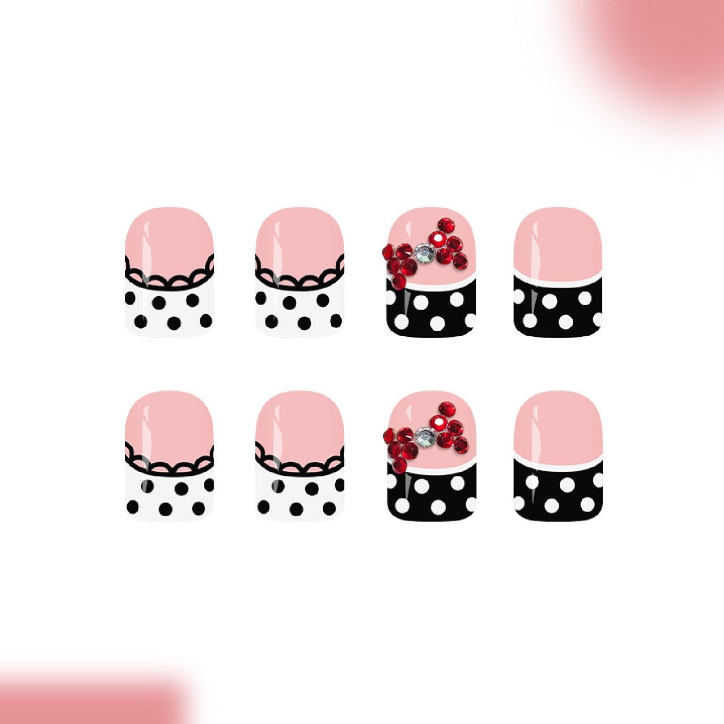 French Tip Press on Nails Short Square Fake Nails with Rhinestones Polka Dot Lace Bow Designs Nails Press ons Black White Glue on Nails Cute Stick on Nails for Women 24Pcs