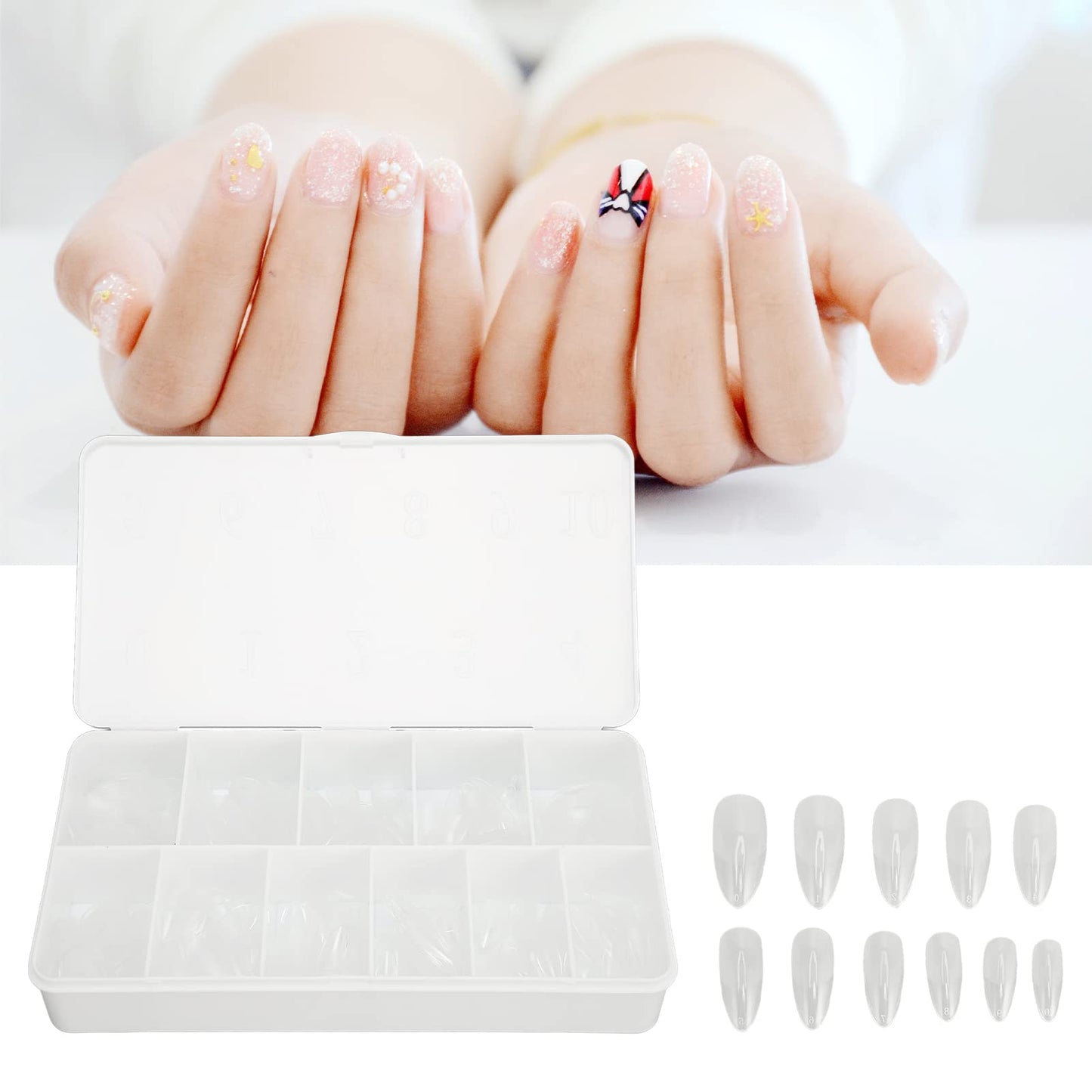 550 Tablets Long Clear Nails Ultra Thin Clear Stiletto Fake Nails Set, Long, Full Cover, Almond Shaped with Rhinestones Designs for Wedding, Dating, Party Acrylic Nail Tips Kit