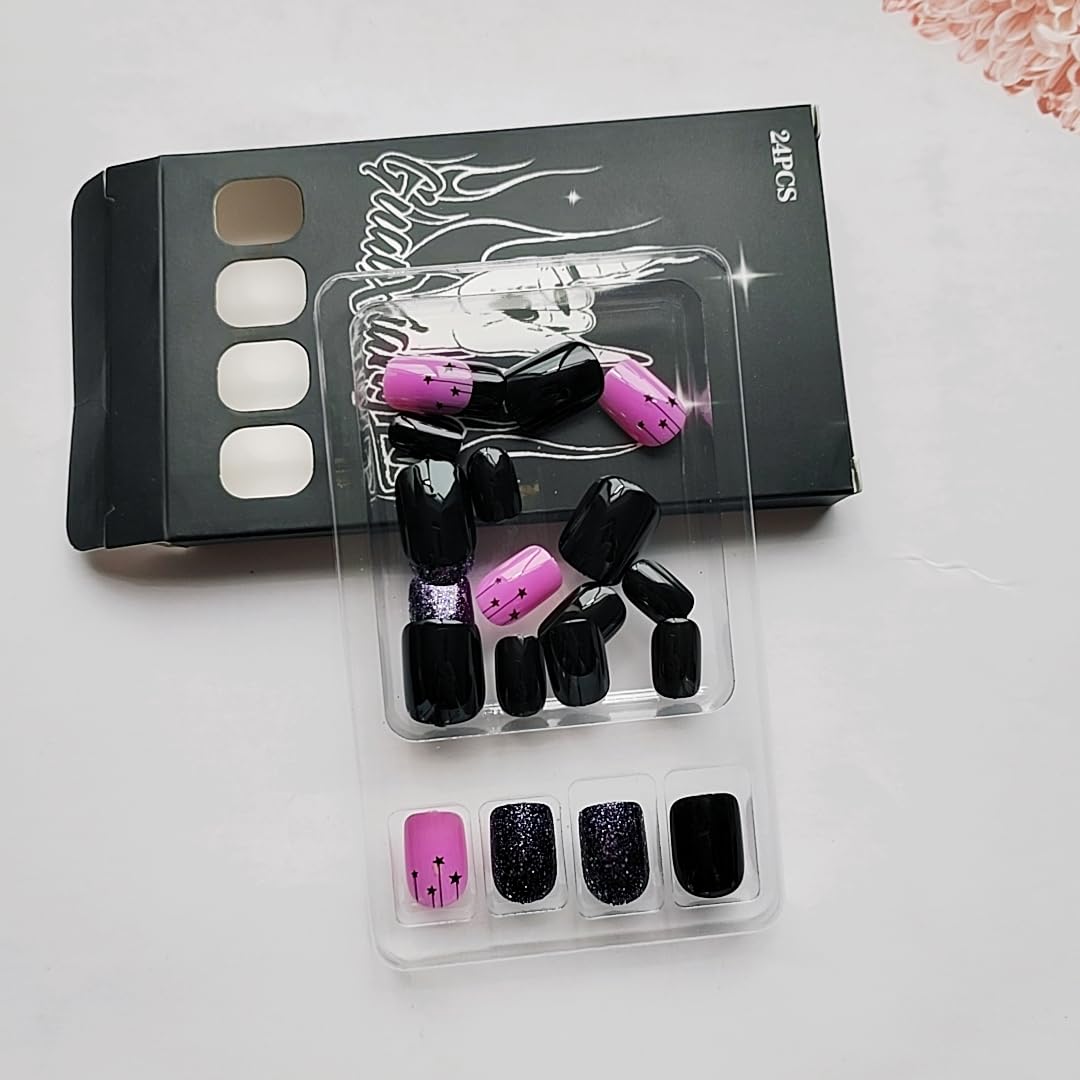 24Pcs Black Fake Nails QUNQINLI Short Square Press on Nails with Small Star Charms Designs Purple Glitter Nail Tip Kit Glossy Full Cover Glue on Nails Reusable Stick on Nail for Women Manicure