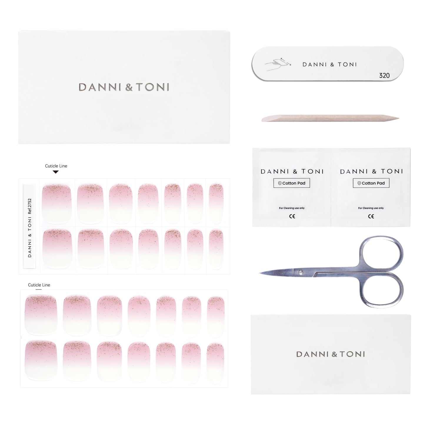 DANNI & TONI Semi Cured Gel Nail Strips Pink White Ombre Gold Glitter Gel Nail Wraps 28 Stickers | Pale Glint