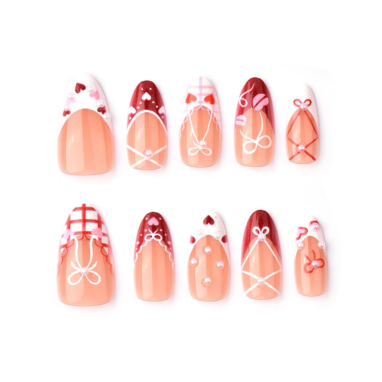 30pcs Valentine's French Tip Press on Nails Medium Almond Fake Nails 3D Exquisite Painted Bow and Heart Nail Art Tips Cute Acrylic Nails Kit Pink Love Pearl Full Cover Glue on Nail for Women DIY
