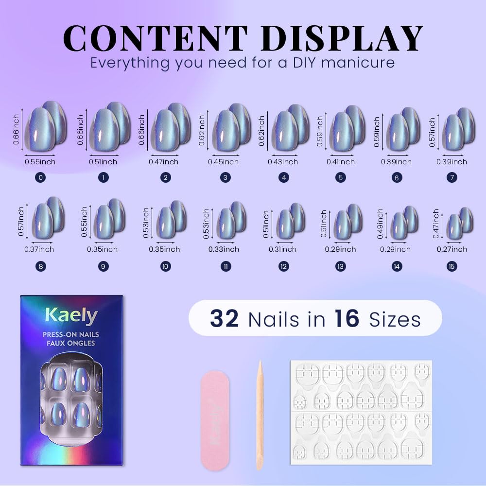 evpct Aqua Blue Cat Eye Chrome Press on Nails Short Oval No Glue with Aurora Design, Purple Holographic Short Oval Stick on Nails for Women Gift, Glossy Cat Eye Effect, Perfectly Fit Salon-quality