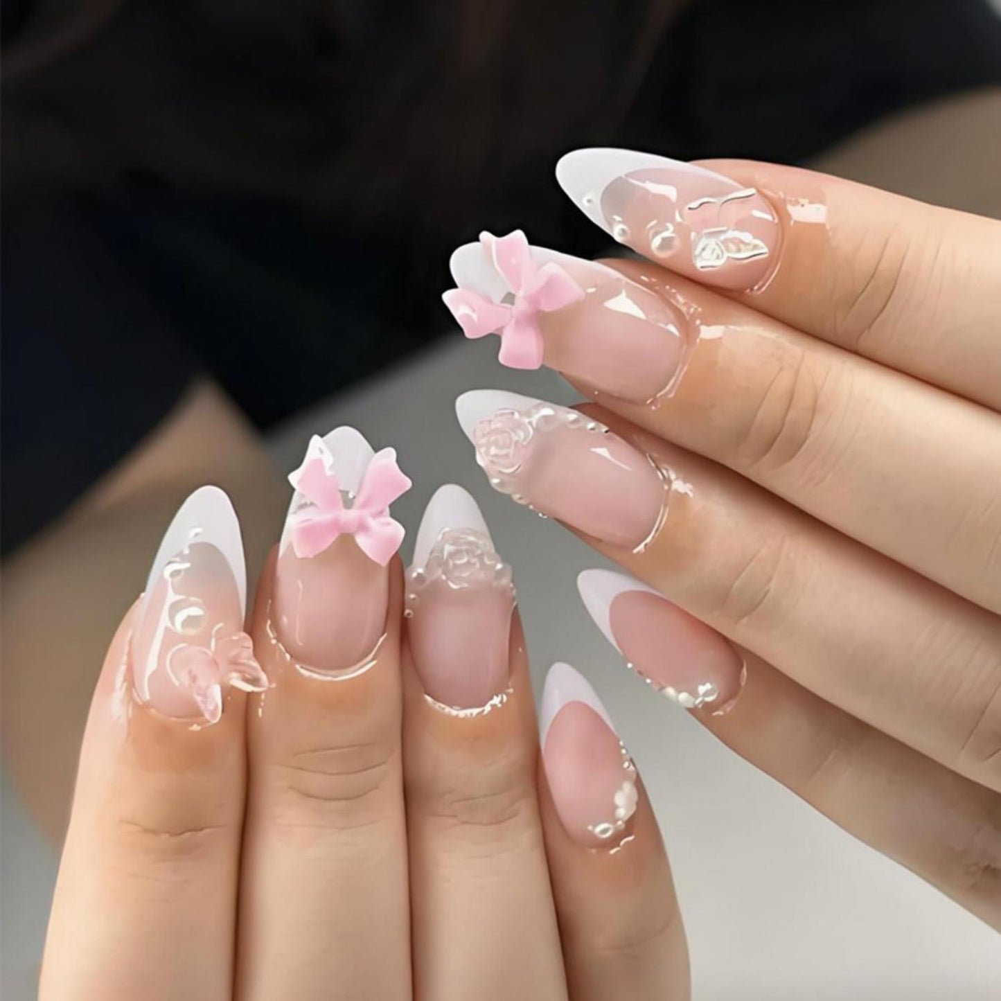 Octoswave Almond Press on Nails Medium Fake Nails White 3D Artificial Nail Butterfly and Bow Charm Stick on Nail for Women 24pcs