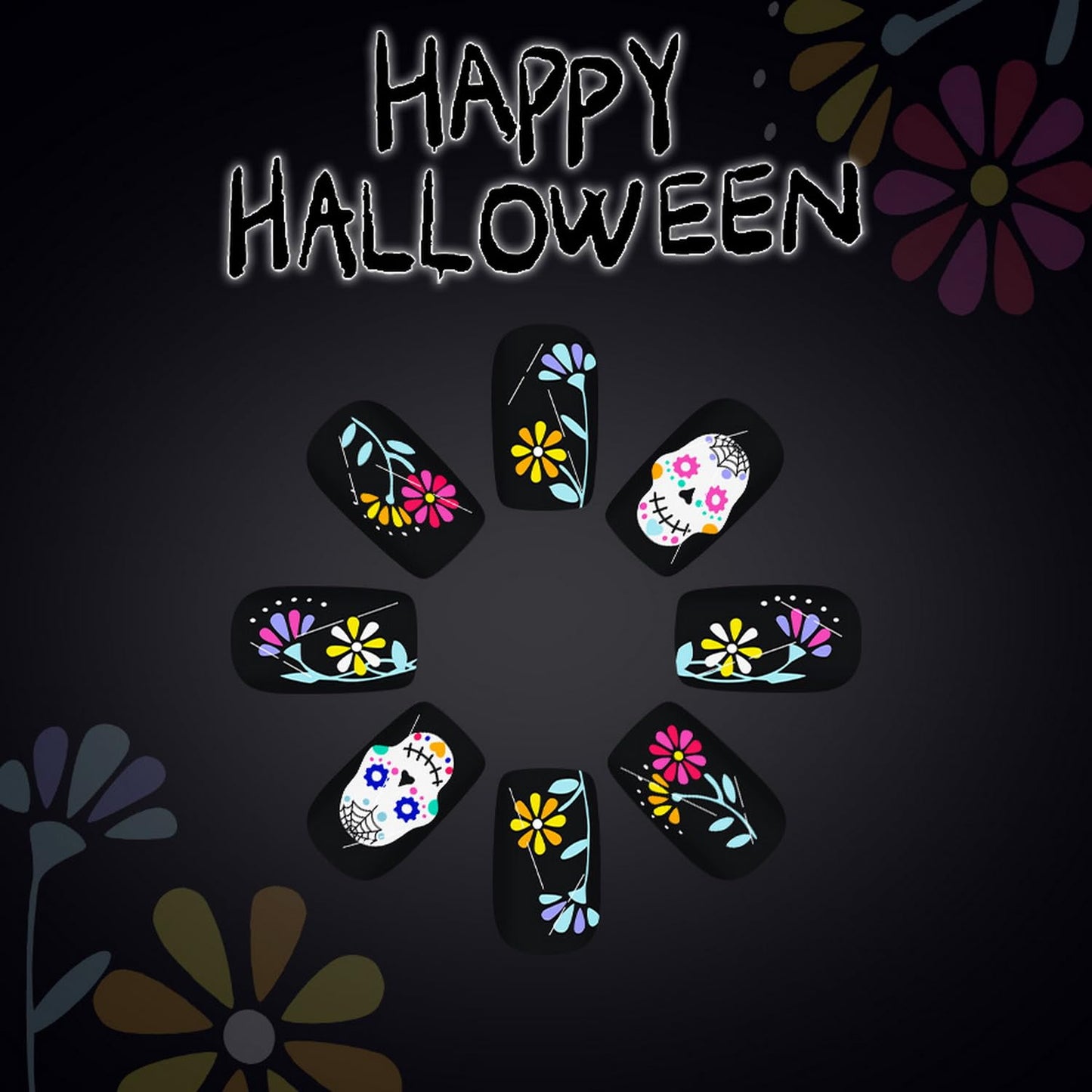Skull Day of the Dead Press on Nails Black Fake Nails Short Square False Nails with Flower designs Acrylic Nails Full Cover Horror Stick on Nails Halloween Glue on Nails for Women Manicure24pcs