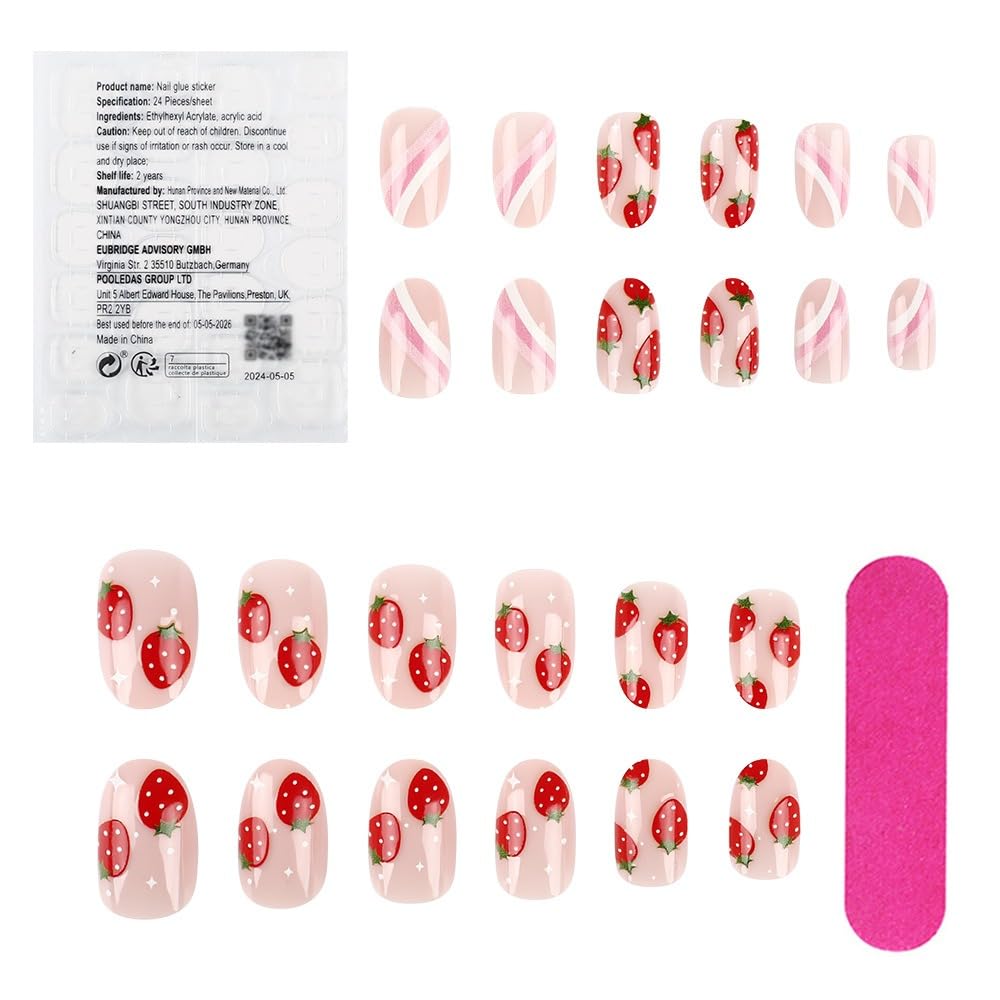 Cute Pink Press on Nails Short Oval Acrylic Fake Nails Sweet Strawberry False Nails with Stripes Design Glossy Artificial Glue on Nail Full Cover Stick on Nails for Women and Girls 24 Pcs