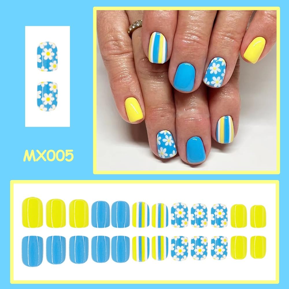 Flower Press on Nails Short Square Fake Nails with White Floral Design Glossy Blue Glue on Nails Yellow Striped Nails Press ons Reusable Full Cover Spring Summer Acrylic Nails for Women Manicure 24Pcs