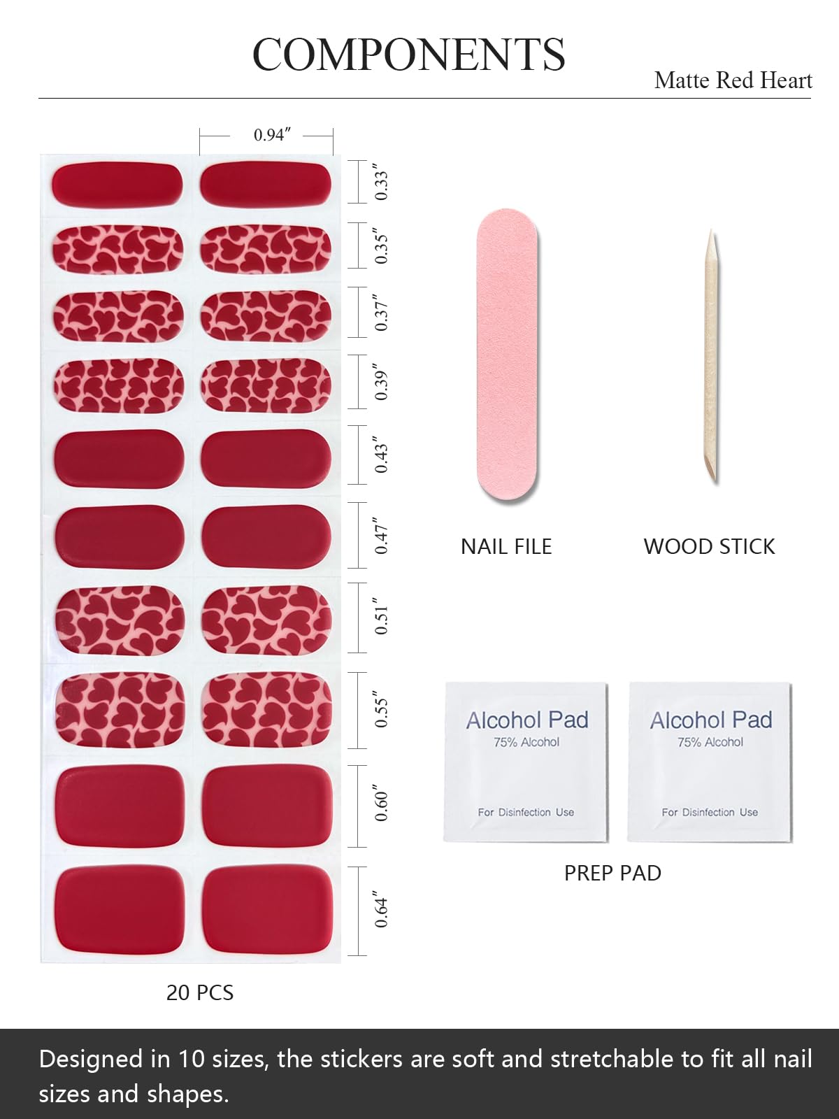 AutyaMee Semi Cured Gel Nail Strips (Matte Red Heart), Valentine's Day, 20 Pcs Gel Nail Wraps, Stickers, Salon Quality, Works with Any UV Lamps