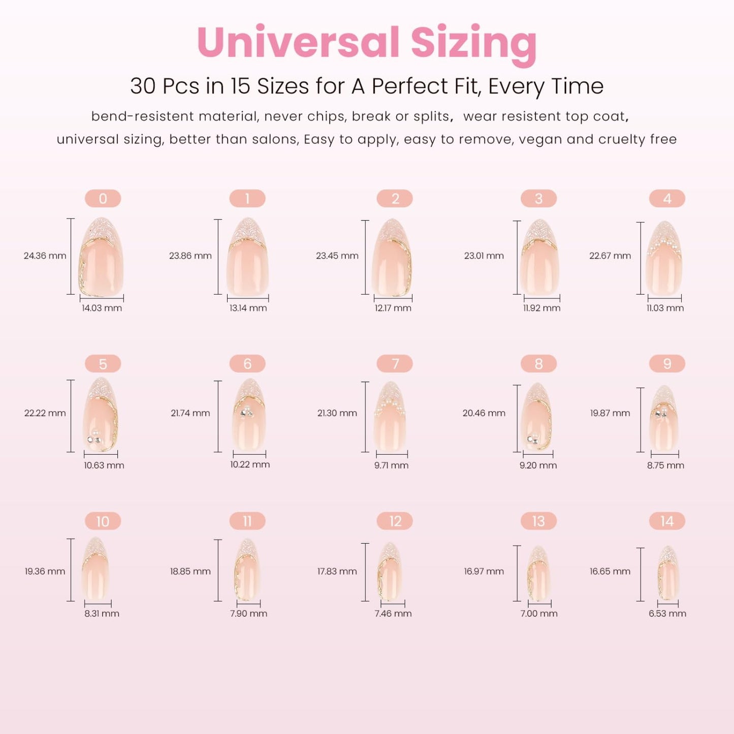 Nail Reformation Press On Nails, French Tip Nude Medium Almond Fake Nails with Pearl & Sparkling Gems in Glossy Finish, Salon Quality, Reusable Stick On Nails in 15 Sizes - 30 Nail Kit for Women Gifts