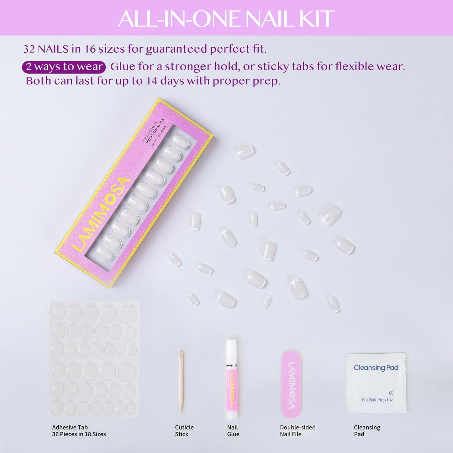 LAMIMOSA 32Pcs Milky White French Tip Press on Nails Short Square - Soft Gel Fake Nails in 16 Sizes, Reusable Glue on Nails Kit, False Nails, MILKY FRENCHY