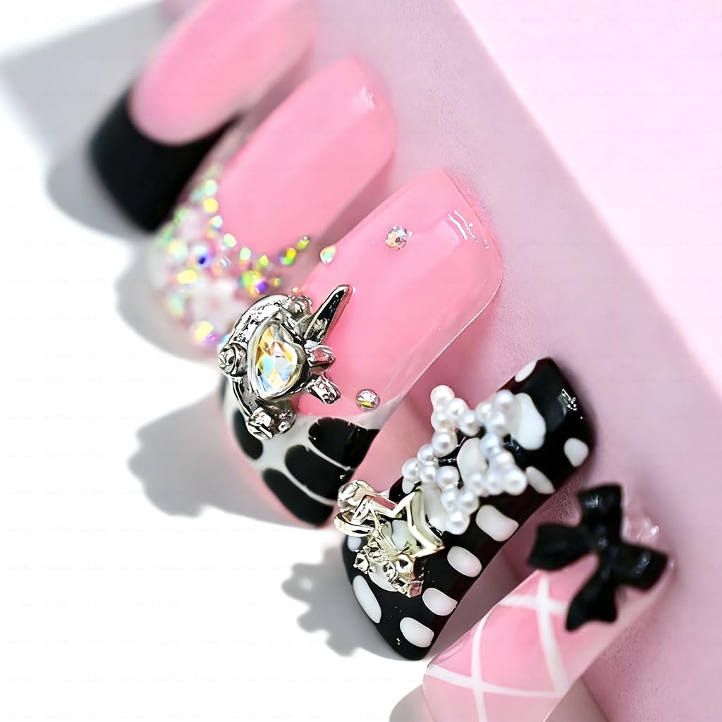 IntoVibes 10 Pieces Luxury Acrylic Press On Nails Long Handmade Duck Nails, Black Thickened False French Nails, With 3D Bowknot And Stars, Reusable Fake Nails, Acrylic Nails (L)