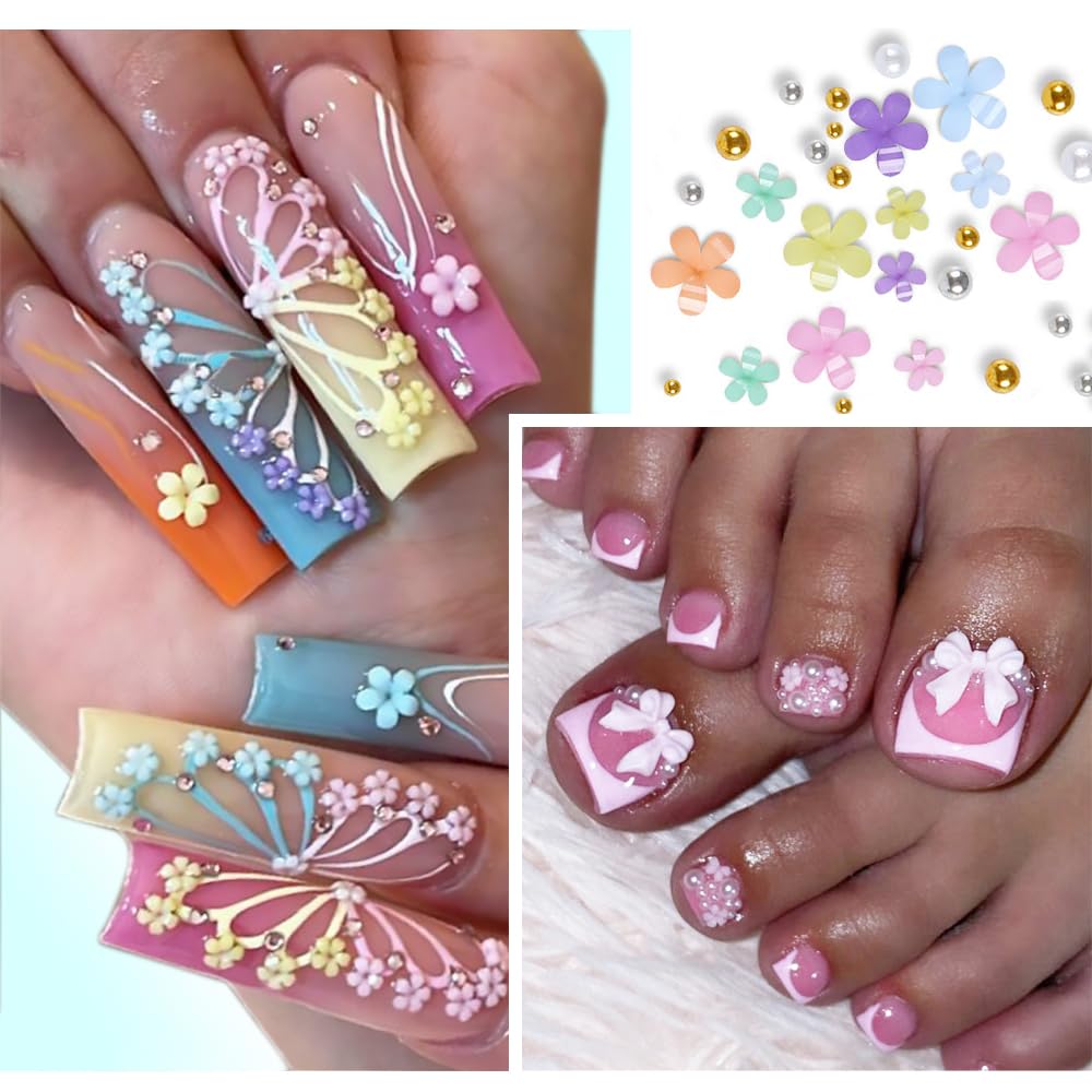 3D Flower Nail Charms, 2 Boxes 3D Acrylic Flower Nail Art Charms and Gems White Pink Mixed Cherry Blossom Spring Rhinestones Acrylic Nail Supplies with Pearls Manicure DIY Nail Decorations
