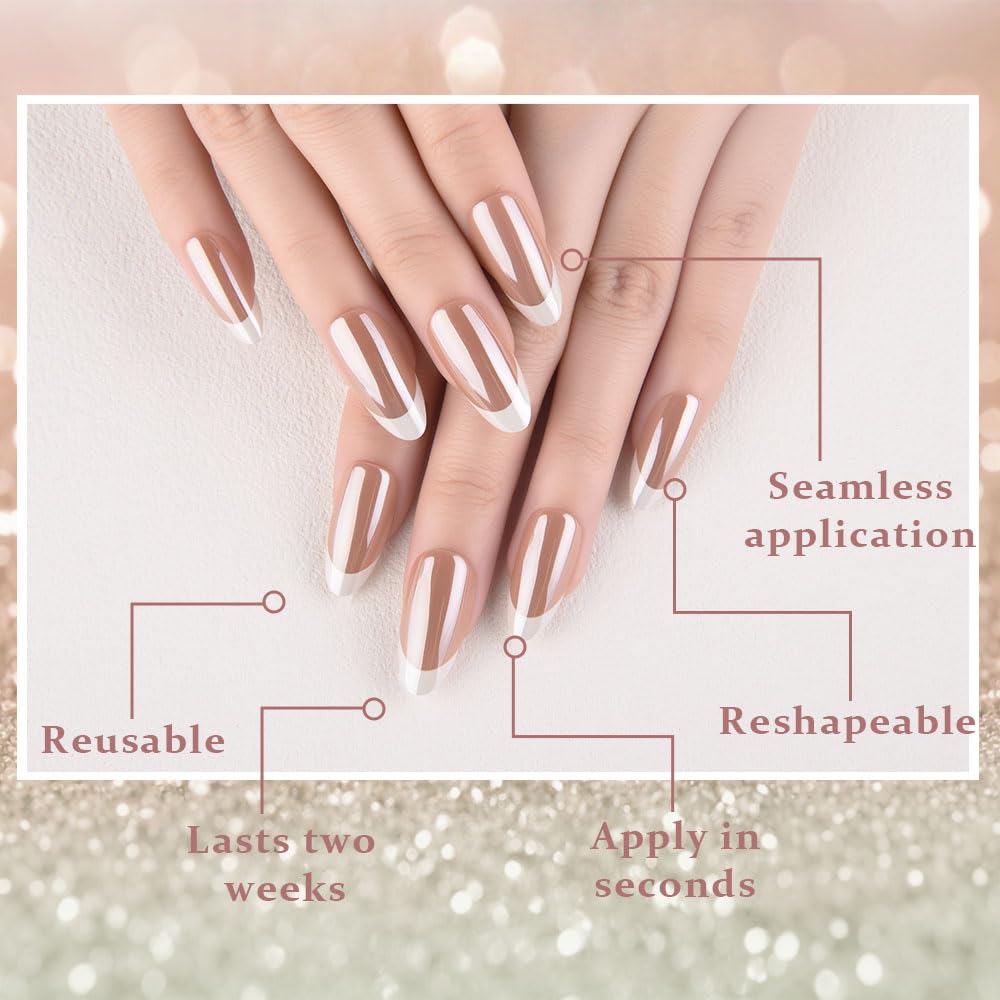 evpct French Tip Press On Nails Short Almond, Nude Brown + Wihte Tips, Chrome Glazed Glossy Short Almond Fake False Press on Nails, Reusable Gel Stick on nail Press ons Nail Kit, Salon Quality