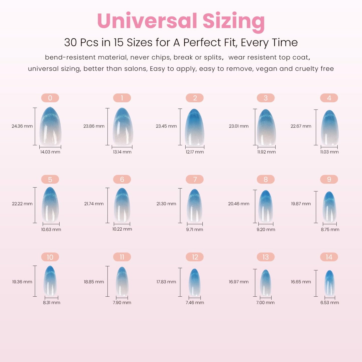 Nail Reformation Press On Nails, Ombre Blue Velvet Shimmer Medium Almond Fake Nails in Glitter French Tip, Salon Quality, Reusable Stick On Nails in 15 Sizes - 30 Nail Kit with Glue, Gifts for Women