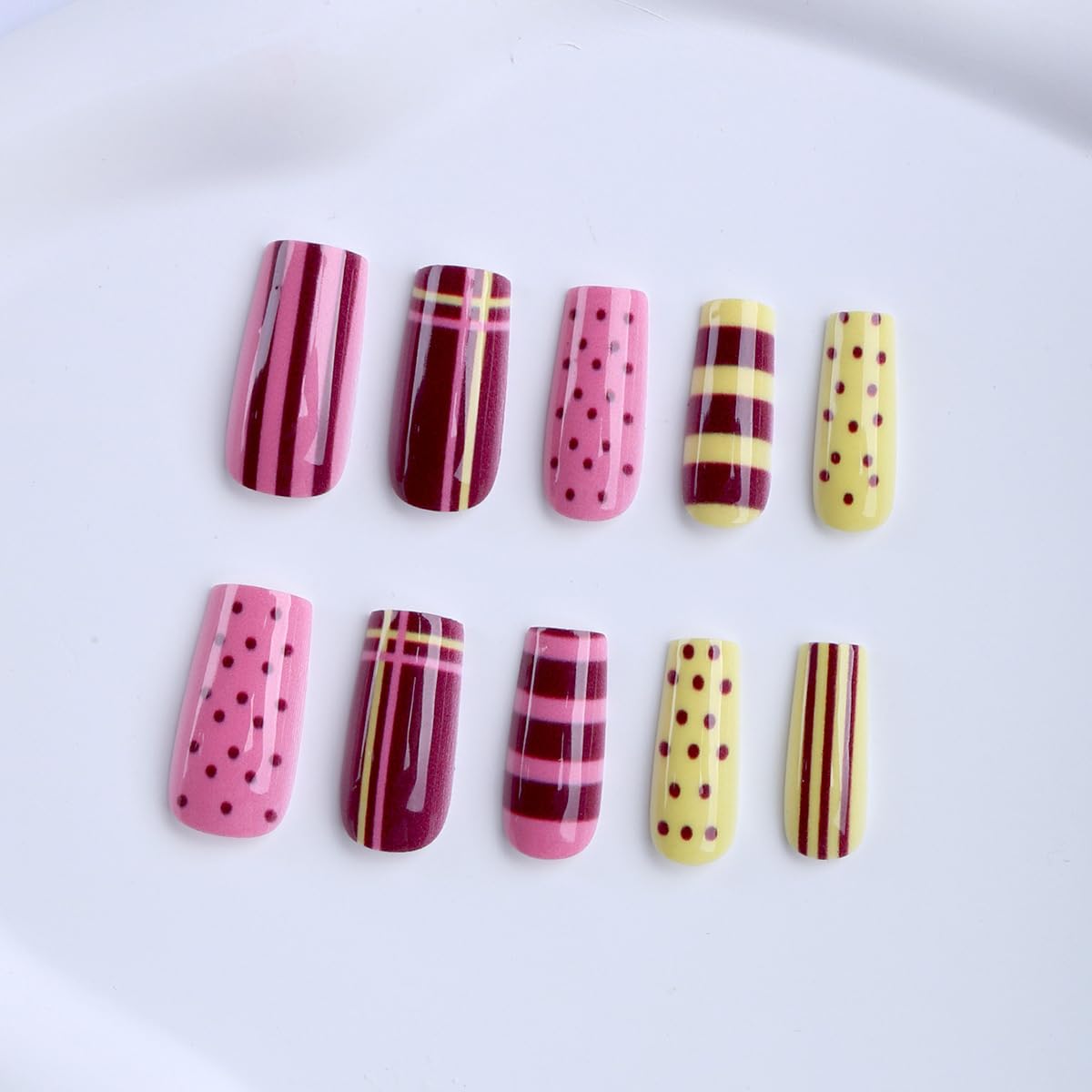Long Square Press On Nails - Polka Dots & Striped Design, Burgundy, Yellow & Pink Colors, 24Pcs - Y2K Style, Reusable, Easy Apply