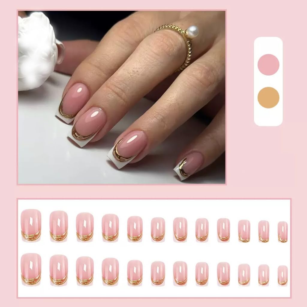 Square Press on Nails Medium - White French Tip Fake Nails with Gold Stripes Design - Glossy Full Cover Stick on Nails - for Women 24 Pcs