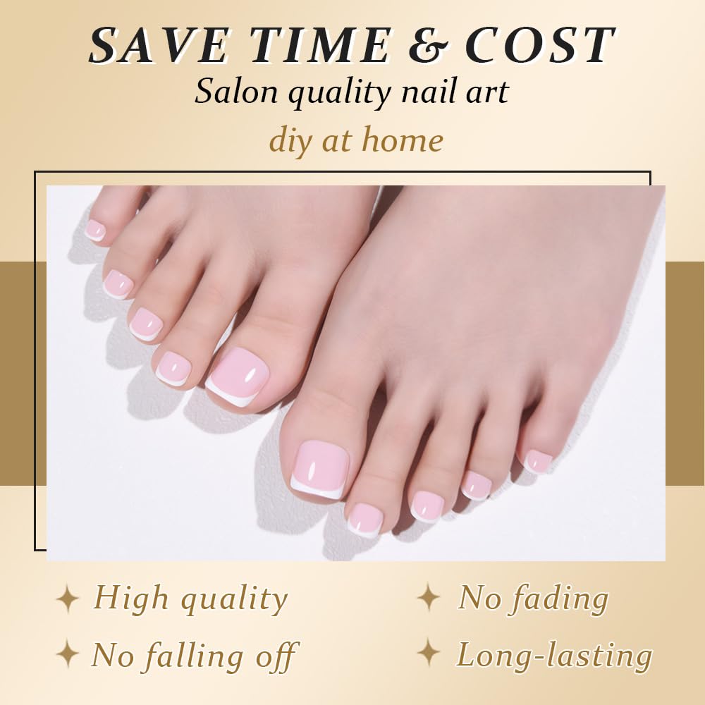 evpct Pink White French Press on Toenails Short Square No Glue, Spring Summer Fake Stick Press on Toe Nails for Women, Soft Stick on Toenail Kit Perfectly Fit Full Cover Reusable Fake Toenails 32Pcs