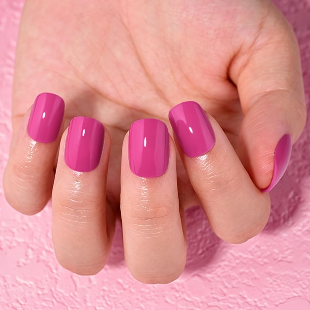 evpct Hot Pink Glossy Squoval Short Press on Nails for Women, Hot Pink Extra Short Squoval No Glue Stick on Nails with Kit, Reusable Full Cover Soft Press on Fake Nail Salon-quality Perfectly Fit
