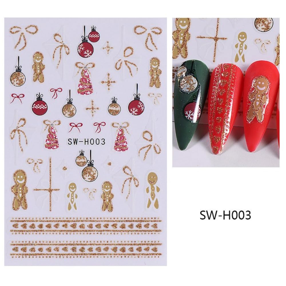 Christmas Nail Stickers Gold Clock Nail Art Stickers Self Adhesive Elk Snowflake Nail Decals Winter Xmas Bow Gingerbread Man Nail Art Supplies Christmas Tree Nail Design for Women 6 Sheets