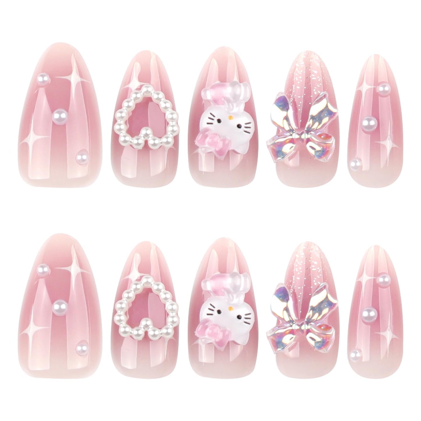 24Pcs Pink Press on Nails Medium Almond Fake Nails with Heart Pearl Bow Cute Rhinestones Designs Cartoon Acrylic Nails Reusable Laser Bow False Nail Cute Cartoon Full Cover Glue on Nails for Women