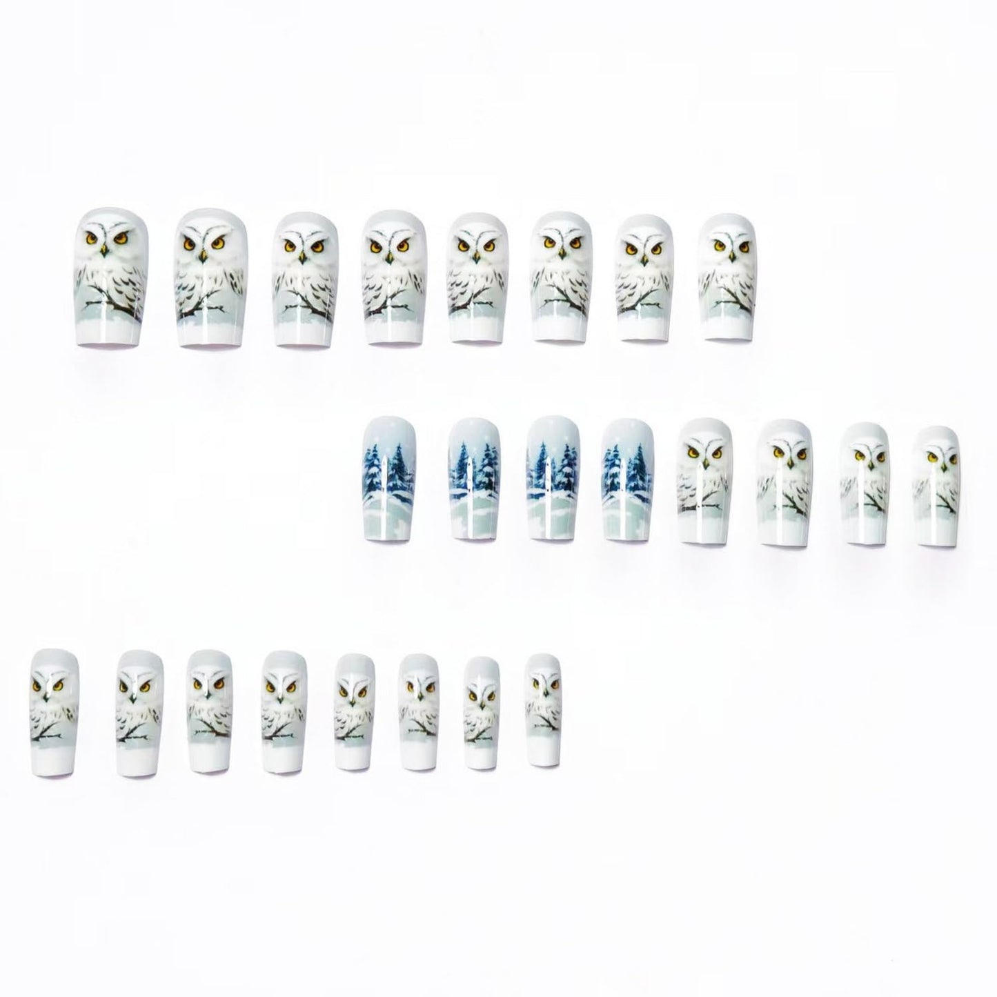 Christmas Press on Nails Medium Square Branch Winter Fake Nails White with Designs Owls Snowflake Full Cover Glossy Glue on Nails Xmas Acrylic Nails for Women Girls 24 Pcs