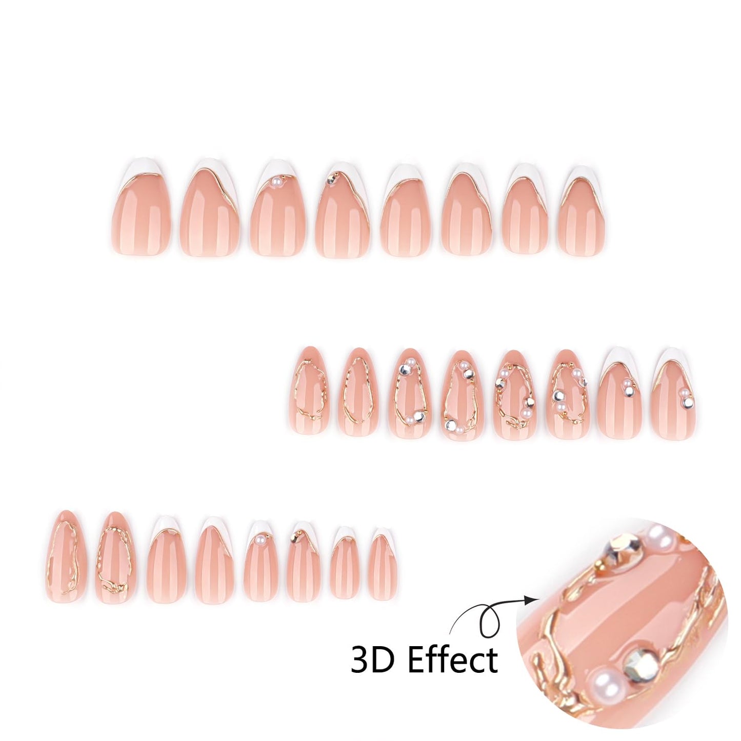 Mivota Soft Gel Press On Nails Almond Nude Pink, Luxury Gold Line Rhinestone Glue On Nails, Reusable Fake Nails Acrylic Look, 24PCS Bridal Wedding Press on Nails for Women