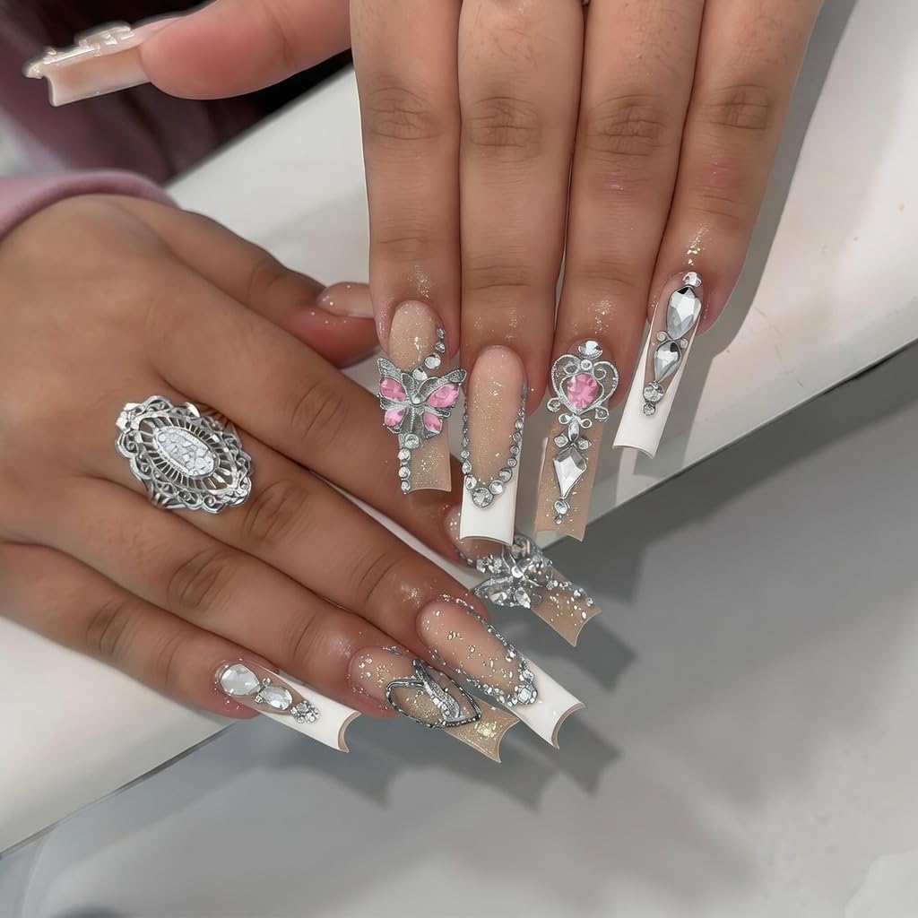 Pizadix 110Pcs Silver Pink Nail Art Charms, 3D Heart Cherry Butterfly Gun Cross Bow Jewelry, Y2K Kawaii Designer Supplies for Nails