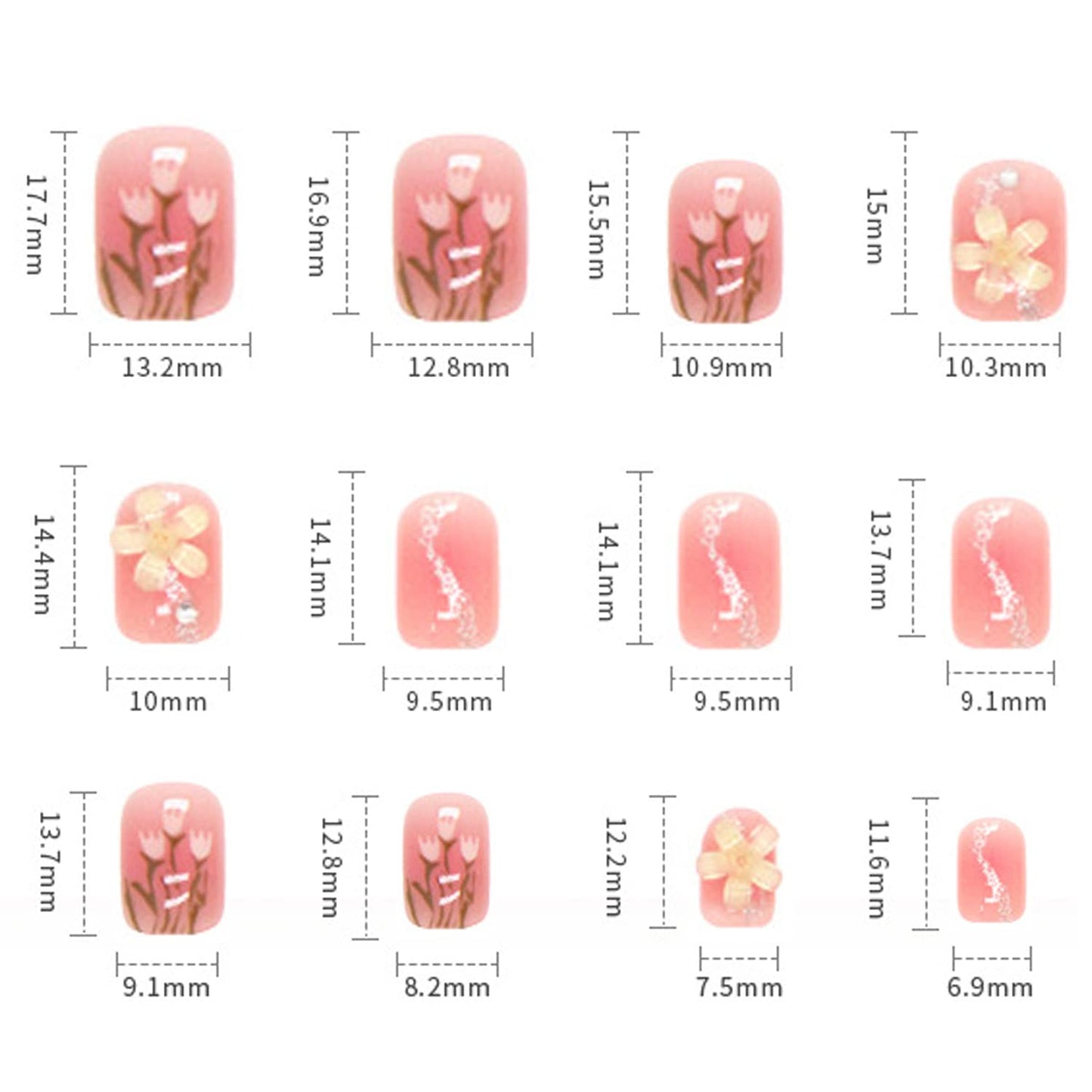 24 Full Cover Reusable False Nails Kit - Press On Short Square Acrylic Nails, Glue On Coffin Shape with Tulip Design for Women