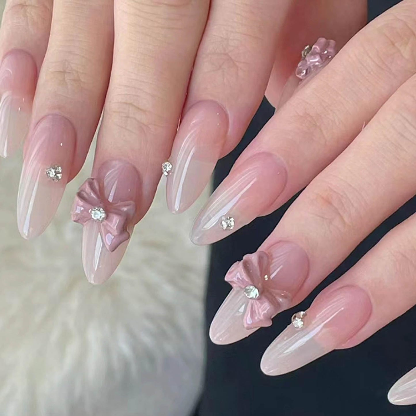 Hkanlre Long Press on Nails Pink Cute Fake Nails Tips Full Cover Almond False Nails for Women and Girls 24PCS