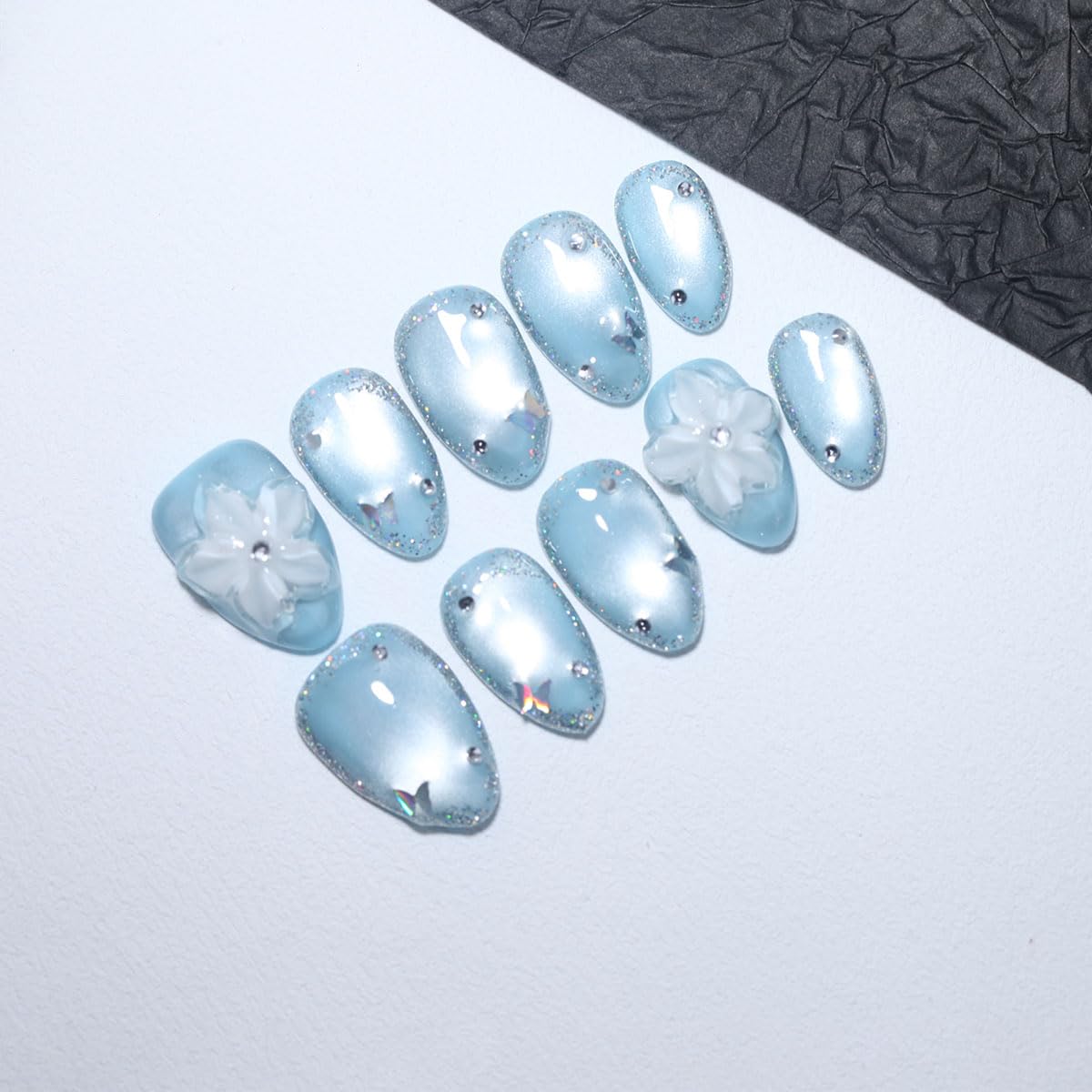 10 Pcs Short Almond Handmade Press On Nails | Sky Blue Cat Eye with 3D Floral & Rhinestone Accents | Reusable, Easy to Apply & Remove, Salon-Quality Manicure (RR16, XS)