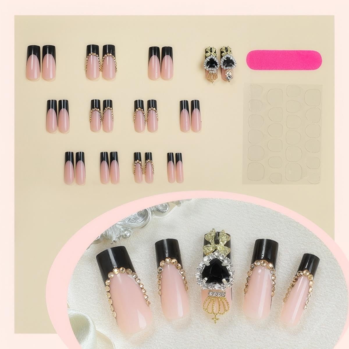 Rchovsam xl Black French Tip Press on Nails Square Long Flase Nails Press Ons Black Love Diamond Designs Fake Nails Gold Crown Acrylic Full Cover Gel False Nails Gift for Women 24pcs