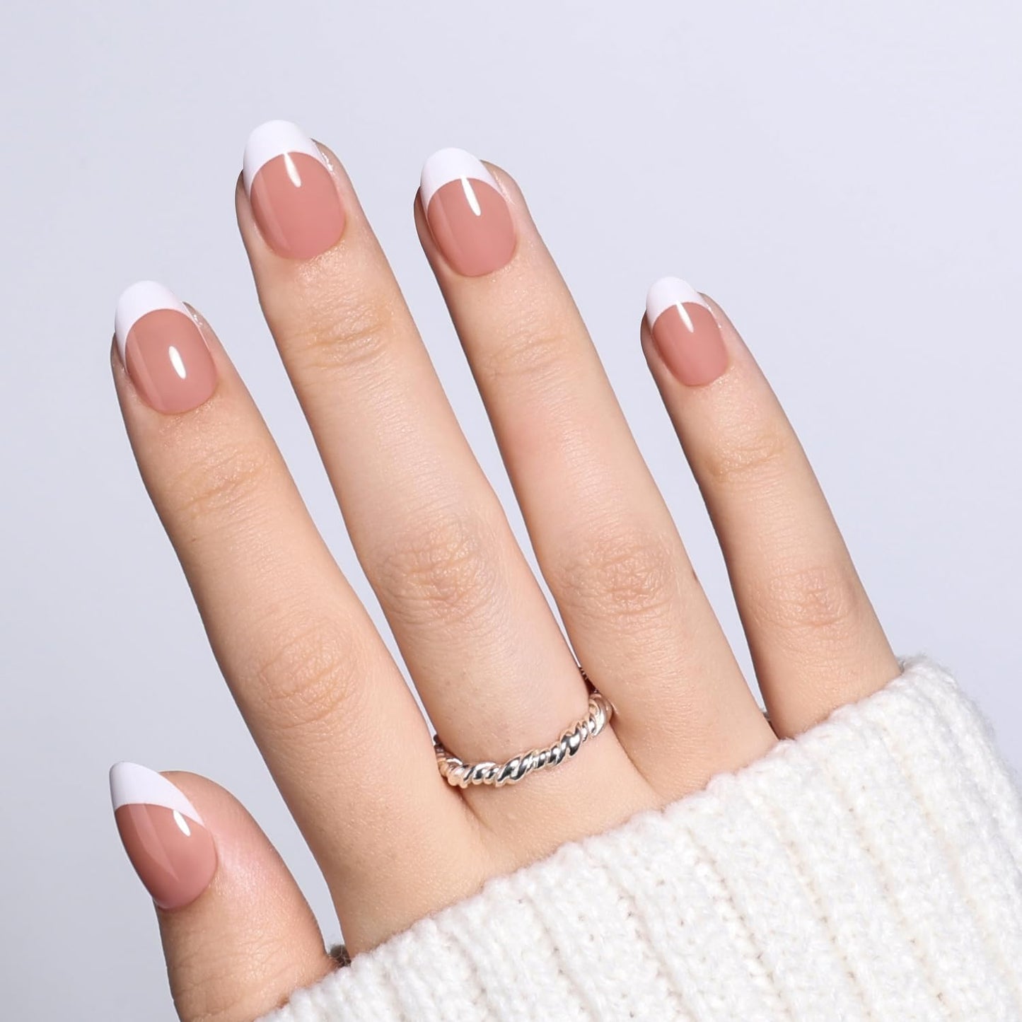 Leefrei French Tip Press On Nails Short Almond - Warm Nude Base with White Tips, Natural Almond French Fake Nails, Reusable Glue On Nails Kit, 32pcs in 16 Sizes Nails Press ons, Latte French