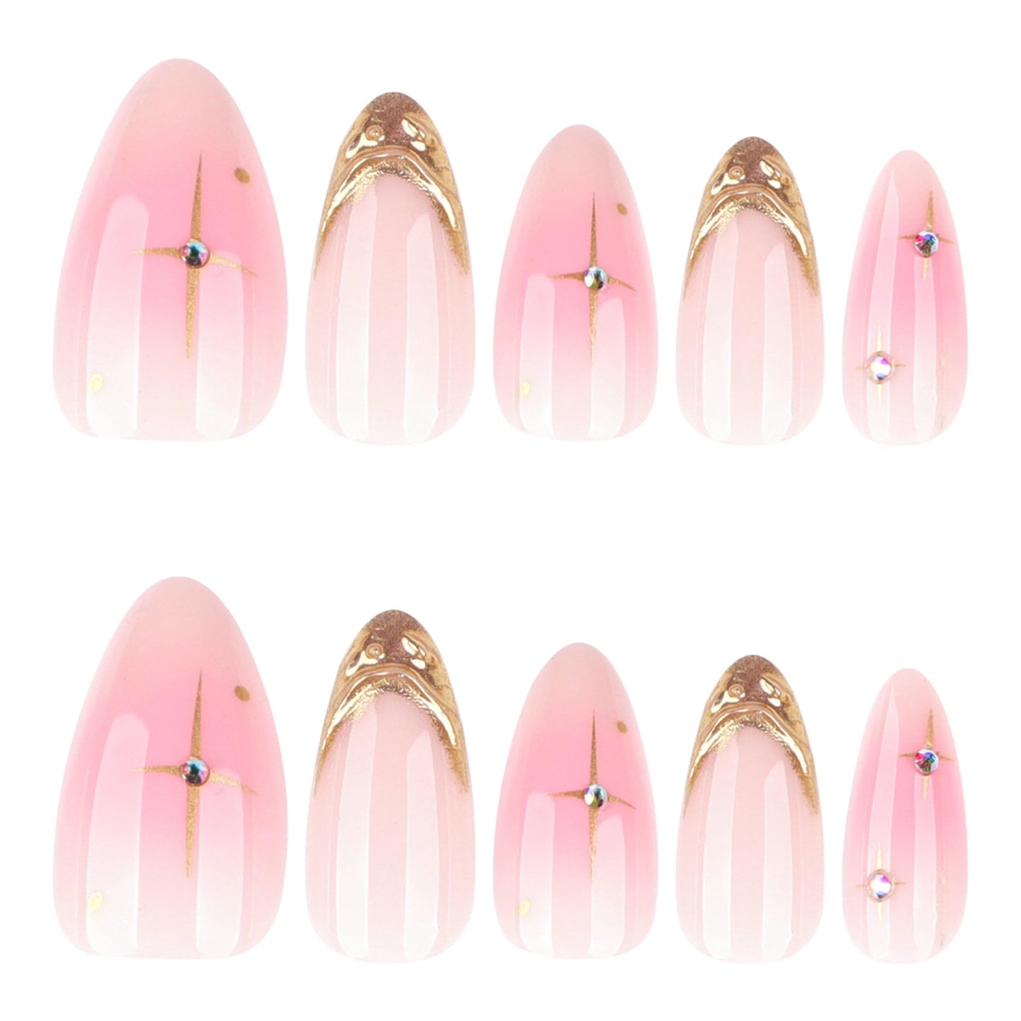 LBPEPAMZ 24Pcs Pink Press on Nails Short Almond Fake Nails with 3D Rhinestones Design Embossed Gold French Tip Acrylic False Nails Ombre Full Cover Glossy Glue on Nails for Women Daily Manicure Decor