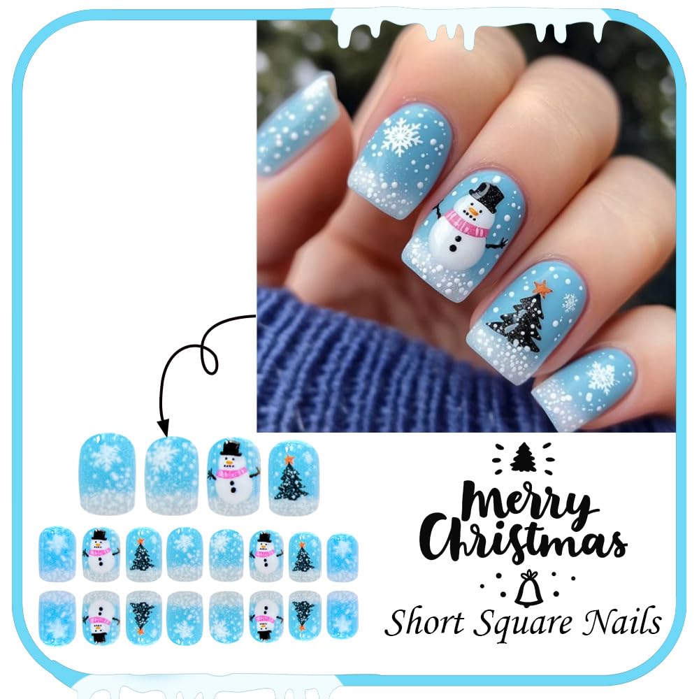 Christmas Winter Snowman Short Press on Nails Snowflake Christmas Tree Fake Nail with Cute Designs Square False Nails for Women Blue Christmas Glue on Nails Full Cover Reusable Glossy Holiday Nails