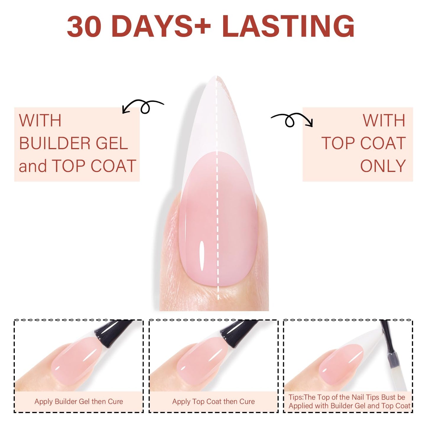 AILLSA French Gel Nail Tips, 180 Pcs French Tip Press On Nails Long Almond Pink, Pre-Applied Primer & Base Coat, No Need File, Soft Long Stiletto Nail Tips, Fake Nails for Women Gift 15 Sizes