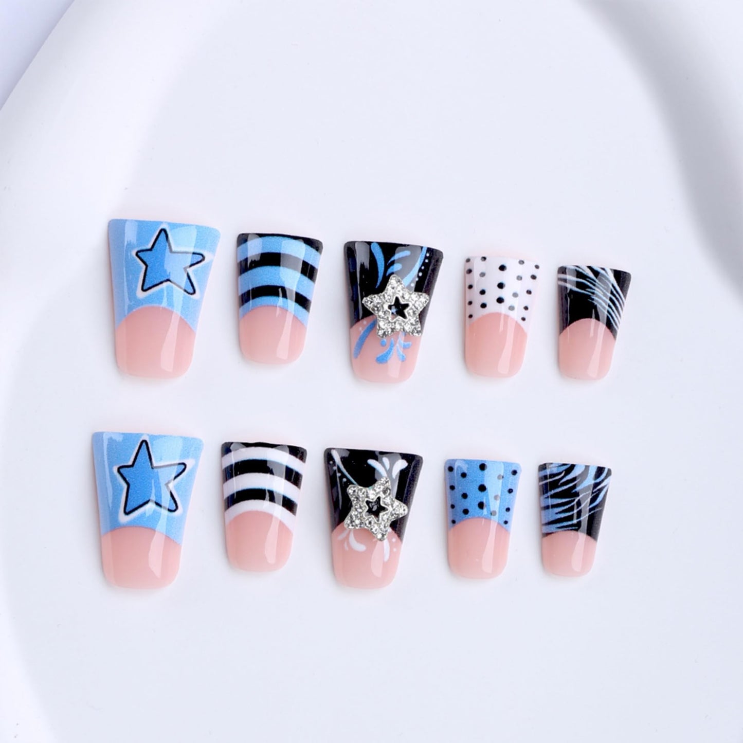 octoswave Press on Nails Duck Shape Blue Star Design Medium Flare Fake Nails for Women Party Y2K Style 24Pcs