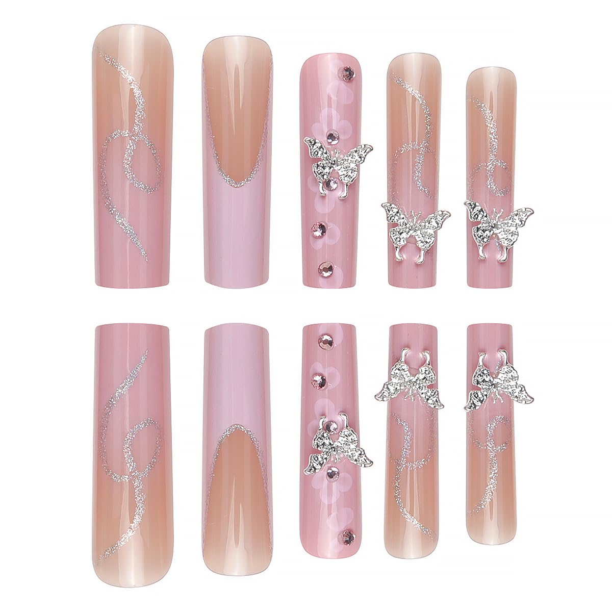 24Pcs Long Square Press on Nails Pink French Tip Fake Nails Silver Rhinestones with Flower Full Cover Tips Glue on Nails Artificial Acrylic False Nails Butterfly Charms Design for Women Manicure DIY