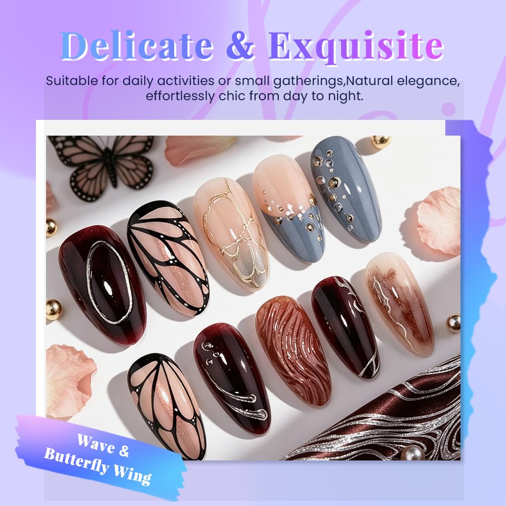 evpct 3D Press on Nails Short Almond No Glue with Design, 3D Wave Blue French Tip Stick on Nail for Women, Reusable Full Cover Press on Fake Nail Perfectly Fit with Butterfly Wing Gold Line Design