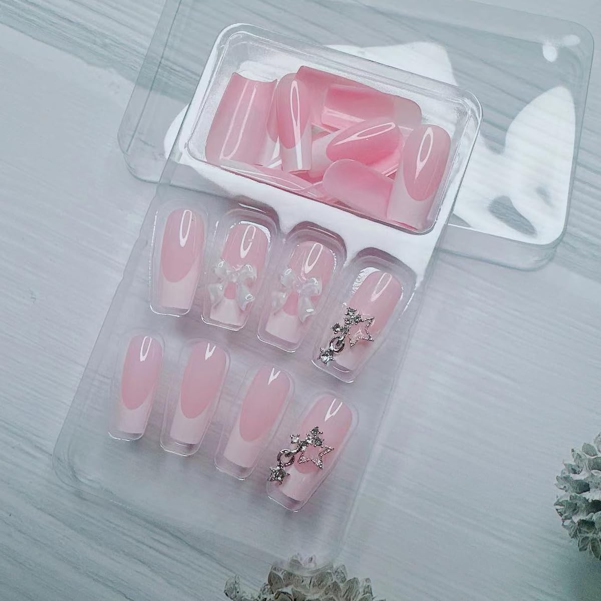 Medium Square Shaped Press on Nails White French Tip Fake Nails 3D Bow Star Design Nude Color French Nail Tips Almond Shape Press ons Cute Bow Stick on Nails for Women Daily Wear 24Pcs