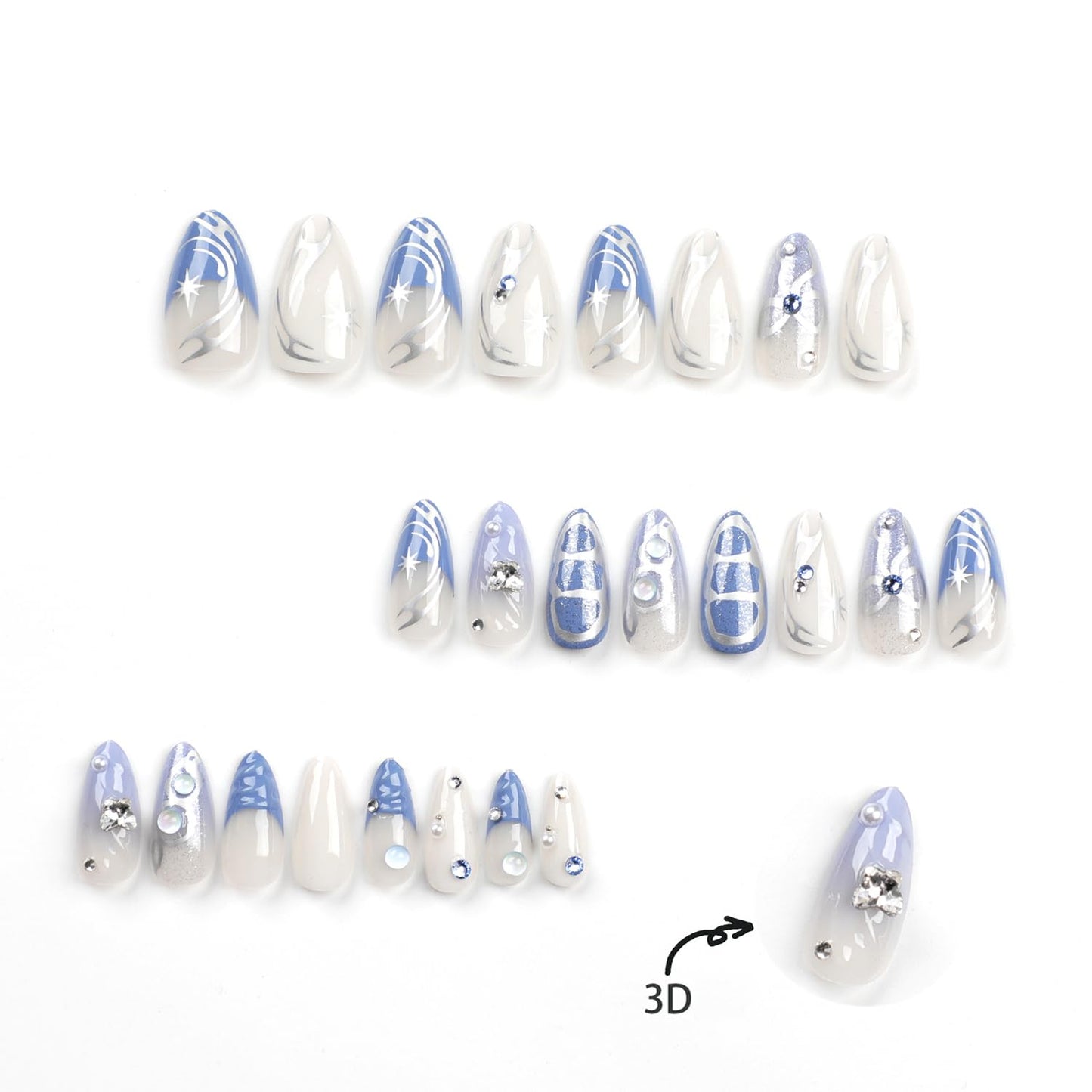 24Pcs Blue French Tip Press on Nails Medium Almond Fake Nails 3D Rhinestone Design French Press On Cute Bow False Nails y2k Silver Star Chrome Full Cover Artificial Glue on Nails for Women