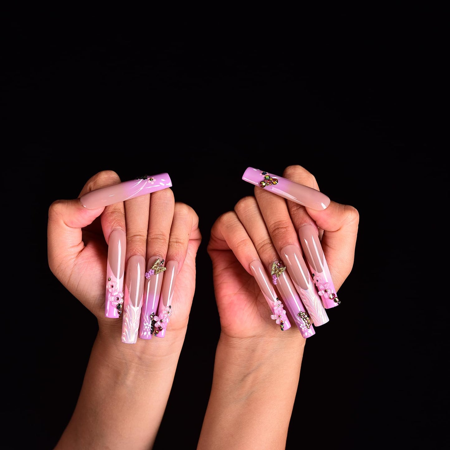 Tmani 10pc/set Extra Long Handmade Press On Nail Hot Girl's Long Ballet Nails Square Nail Full of Diamond Glitter Decoration Fake Nails Suitable For Girls Festival Parties and Birthday Gift (294,L)