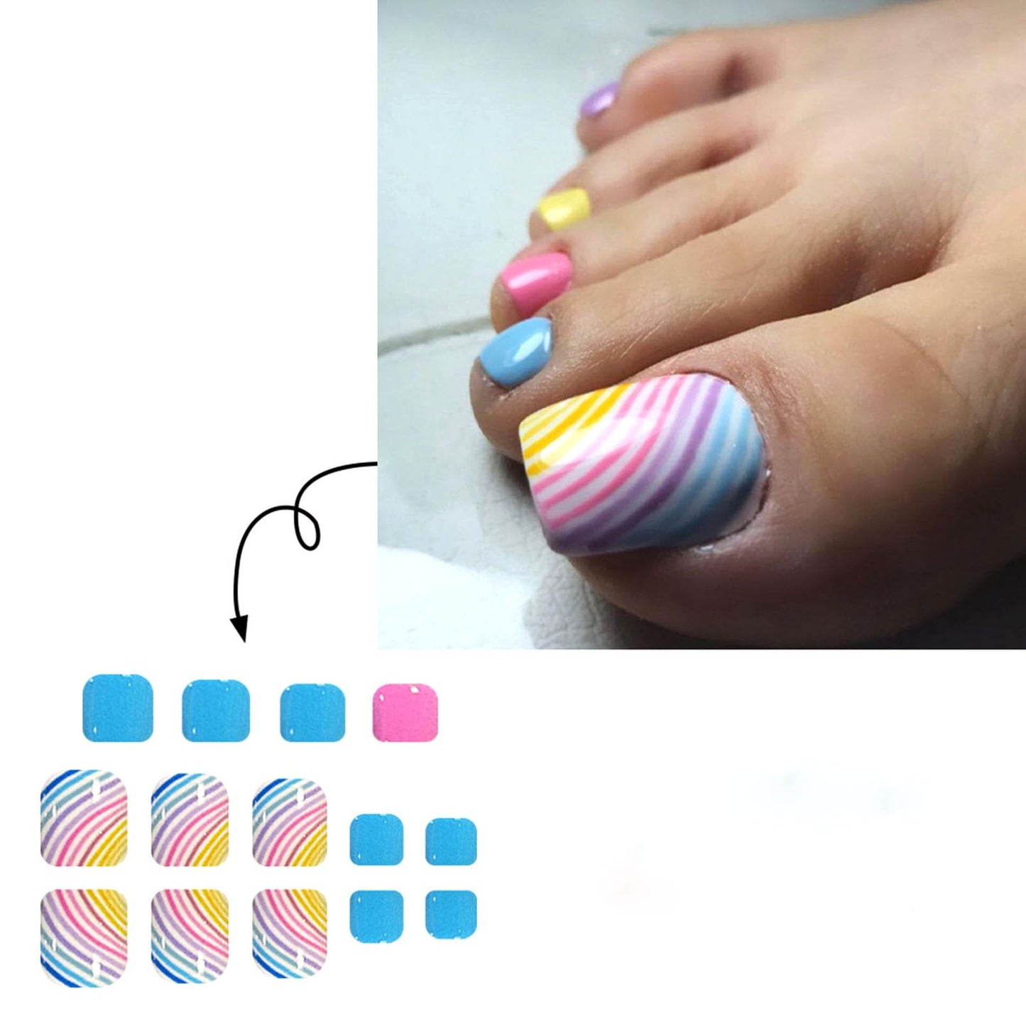 Summer Press on Toenails Color Fake Toe nails Short Square Toe nails Press ons with Color Lines Designs Glossy Acrylic Stick on Toenails for Women 24Pcs