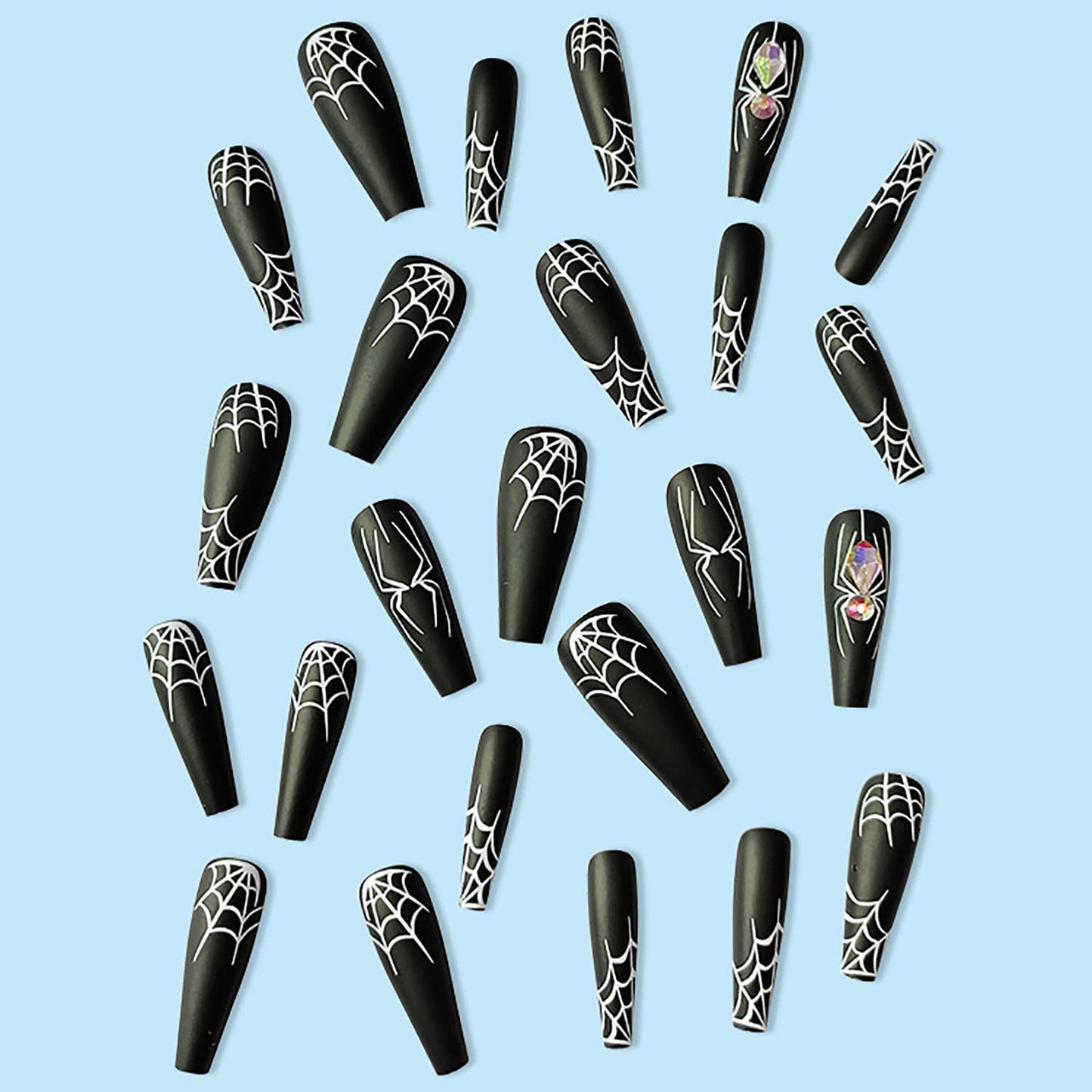 Halloween Press on Nails Long Coffin White Spider Web Fake Nails with Rhinestones Stick on Nail Black Full Cover Acrylic Nails False Nails for Women Girls 24Pcs