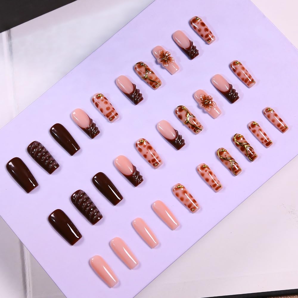 Press On Nails - MAGLFELL Handmade Square Fake Nails, Spring & Summer Painting 3D Floral Design, Reusable Artificial False Nails for Women 15 Sizes - 30Pcs Stick On Nails Kit