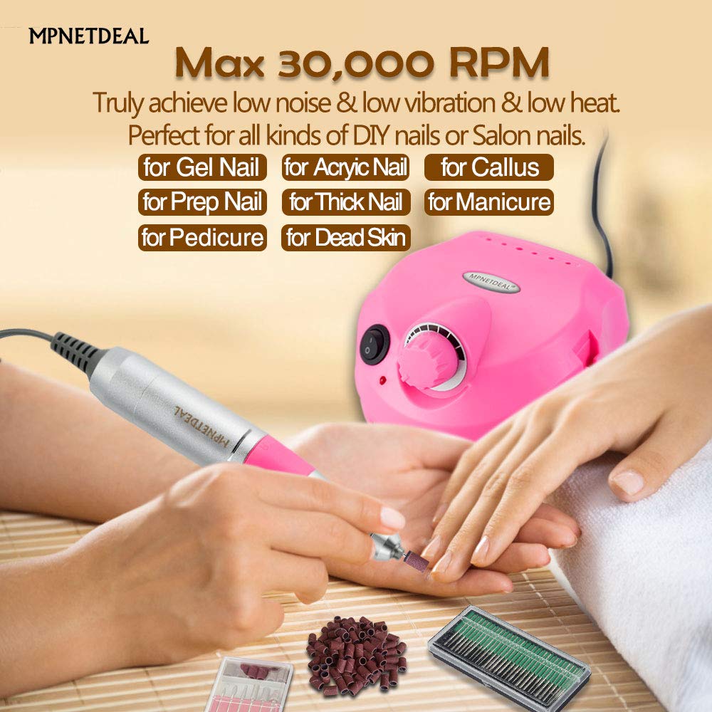 MPNETDEAL Electric Nail Drill Efile Professional Nail Drill Machine 30000RPM Tools for Acrylics Nails Natural Nails with Foot Pedal Ideal for Gel Nail at Home use or Nail Salon (Pink)